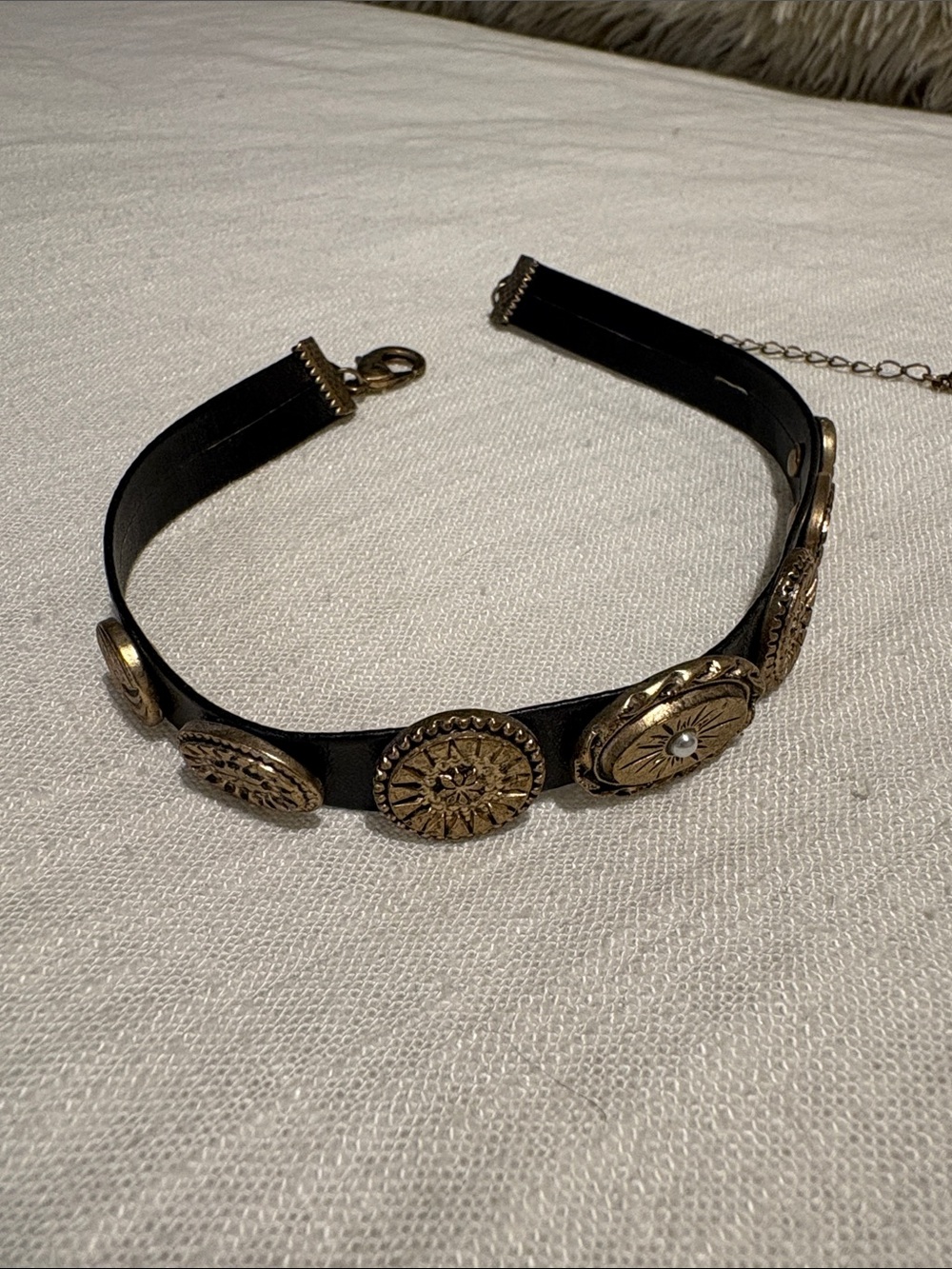 Free People vintage-Inspired Black Leather Choker with Gold Medallions